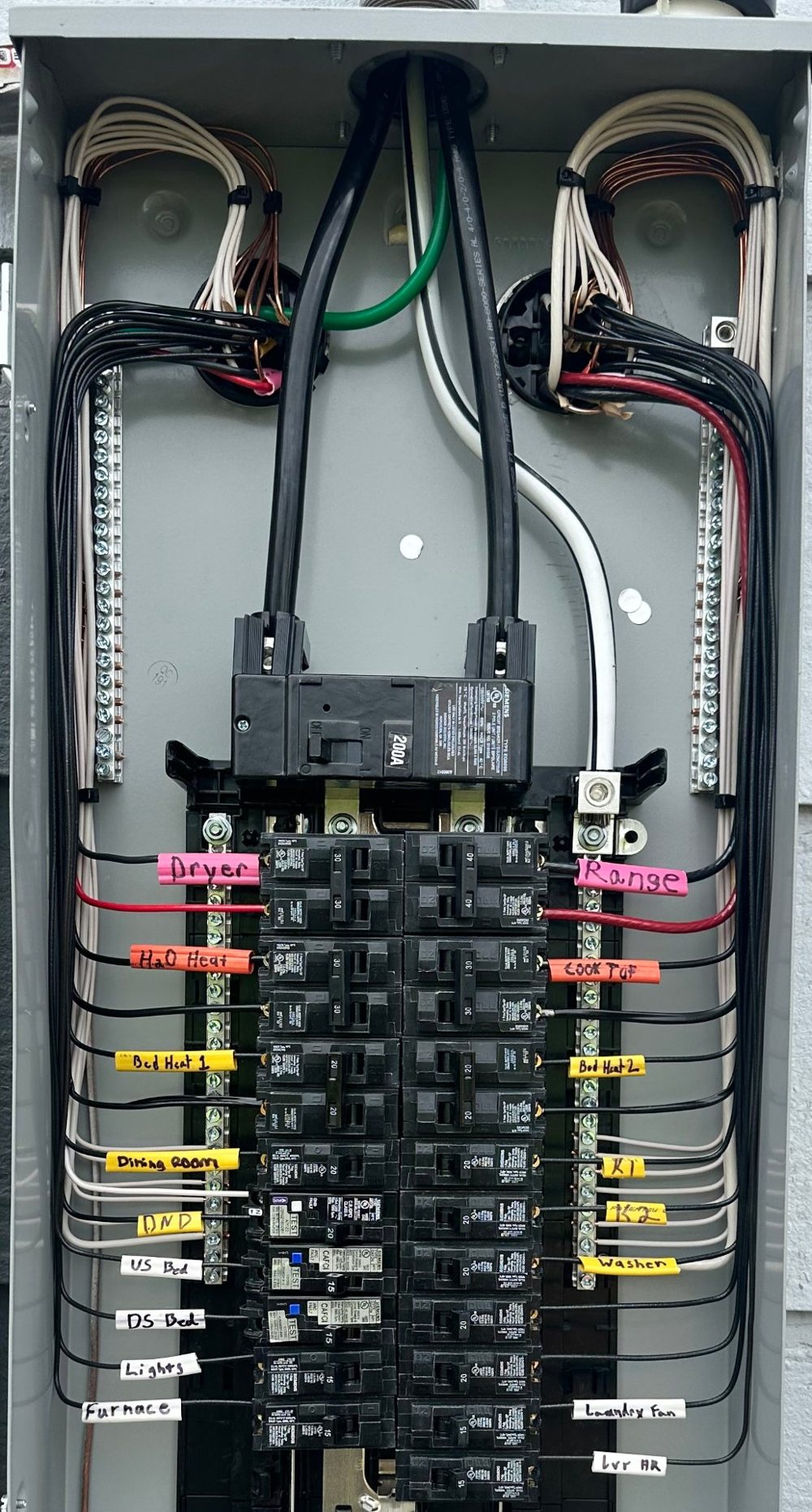 A finished 200-amp outdoor panel wired by Jesse, with every circuit labeled